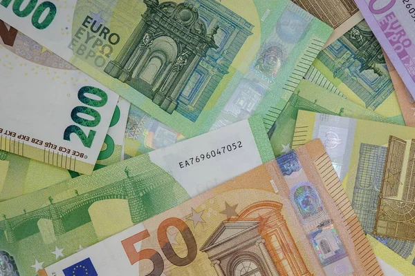 Överblick Över Hög Med 500 200 100 Och Eurosedlar — Stockfoto