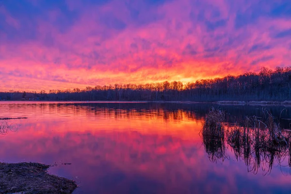 Den Vackra Solnedgången Och Vattenspegling Träden Sjö — Stockfoto