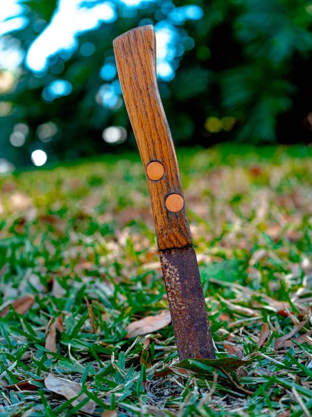 Vertikální Záběr Rezavého Nože Dřevěnou Rukojetí Zemi Parku — Stock fotografie