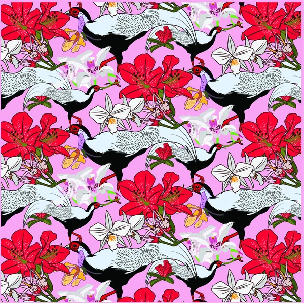 Seamless Pattern Pheasant Birds Azalea Flowers Pink Background — Stock Photo, Image