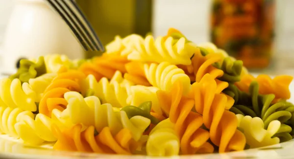 Closeup Shot Three Color Fusilli Pasta — Stock Photo, Image