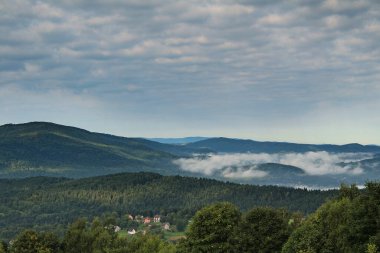 Bulutlu bir günde tepelerde yeşil sık ormanlardan oluşan güzel bir manzara.