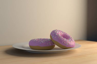 Tahta bir masada, beyaz bir tabakta iki pembe jöleli çörek hazırlıyor.