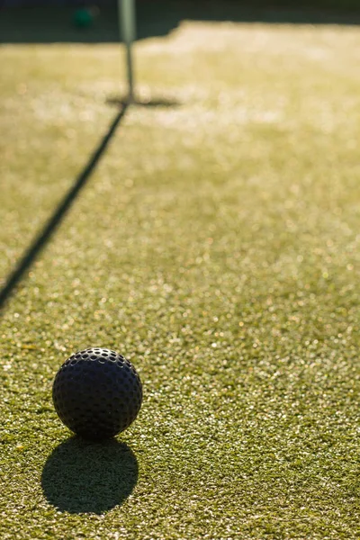 Vertikální Záběr Černého Golfového Míčku Zelené Zemi Vedle Brankové Jamky — Stock fotografie