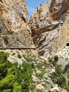 Kayalık kayalıkların ortasındaki bir nehrin dikey görüntüsü