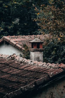 Arka planda ağaçlar olan eski bir binanın taş bacasının dikey görüntüsü.