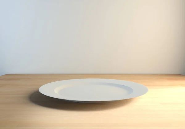 Tahta Bir Masa Üzerinde Boş Beyaz Tabak Görüntüleme — Stok fotoğraf