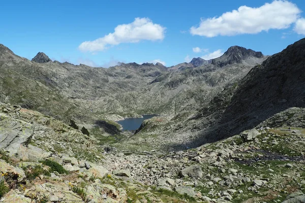 Una Vista Panorámica Lago Rodeado Vegetación Contra Las Montañas Rocosas — Foto de Stock