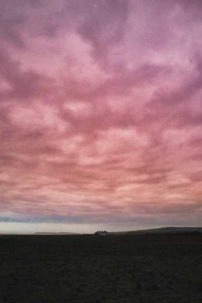 Vertical Shot Endless Field Sunset Dramatic Pinkish Clouds — Stock Photo, Image