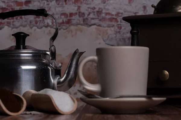 Coffee Cup Milk Jug Grinder Wooden Spoons Sugar Ground Coffee — Foto Stock