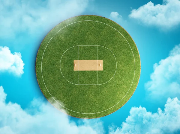 雲に囲まれた青い空の背景に囲まれた緑の丸いクリケット場の3Dレンダリング — ストック写真