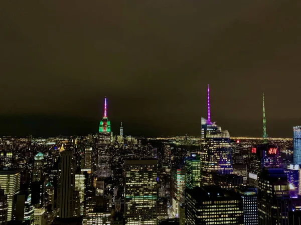 Повітряний Вид Місто Нью Йорк Хмарочосами Рокфеллер Центр Сша Вночі — стокове фото