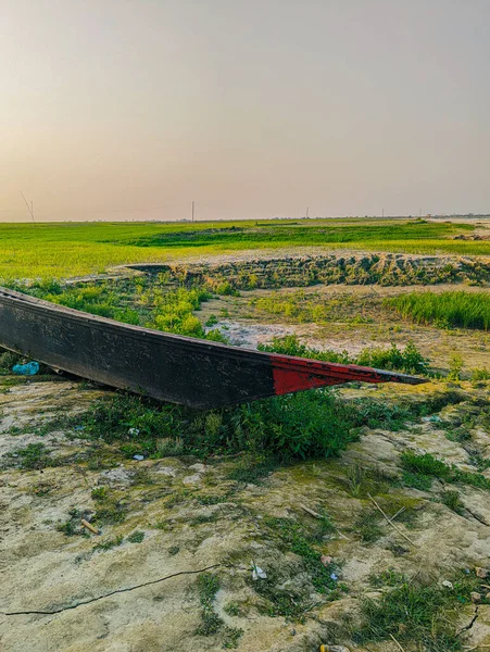 Eine Vertikale Aufnahme Eines Alten Fischerbootes Neben Einem Sumpf — Stockfoto