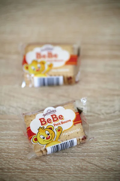 Jutrzenka Brand Bebe Petit Beurre Butter Cookies Wooden Table — Stock Photo, Image