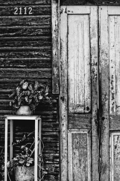 前に立つ花器のある家の古い木の扉の灰色のスケール — ストック写真