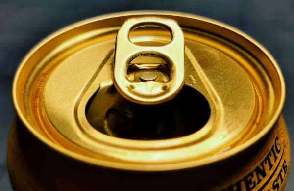 Open Top Golden Beer Can Viewed Degree Angle Set Grey — Stock Photo, Image