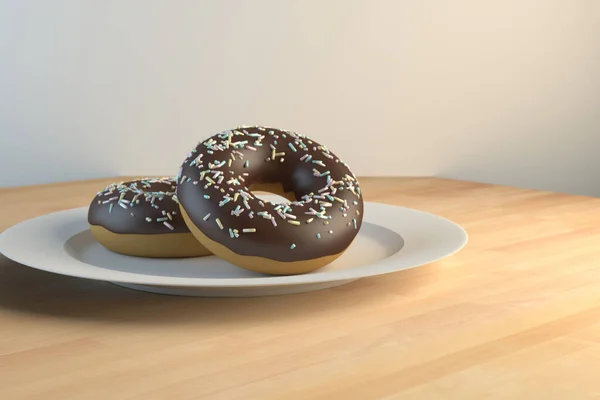 Renderização Dois Donuts Cobertos Chocolate Prato Ilustração — Fotografia de Stock