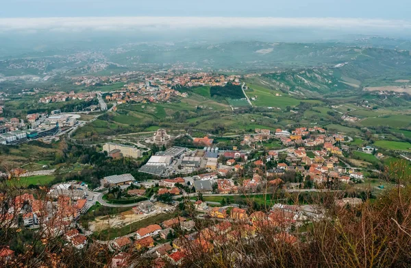 Beautiful Cityscape Aerial View Valley San Marino Traditional Houses Blue — Stock Photo, Image