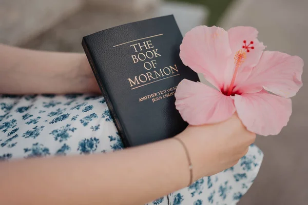 Wybiórcze Ujęcie Dziewczyny Trzymającej Różowy Hibiskus Książkę — Zdjęcie stockowe