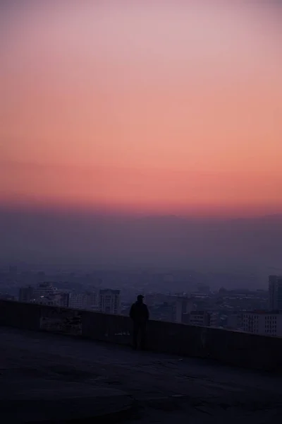 Tiro Vertical Macho Fundo Uma Cidade Pôr Sol Roxo — Fotografia de Stock