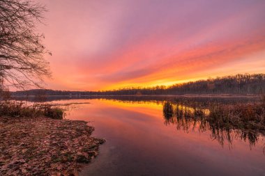 Güzel gün batımı ve göldeki ağaçların su yansıması.