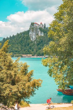 Dağların arkasındaki ağaçlarla çevrili bir uçuruma yerleştirilmiş bazı evlerin dikey görüntüsü..