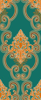 Yeşil ve turuncu renklerde kare dikişler için süslü, çiçeksiz bir desen.