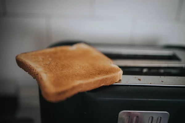 Gros Plan Une Tranche Pain Grillée Dans Grille Pain — Photo