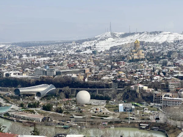 Luchtfoto Van Skyline Van Tbilisi Vanaf Vesting Narikala Georgië — Stockfoto