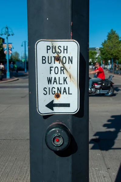 Vertical Shot Metal Sign Push Button Walk Signal Red Button — Stock Photo, Image