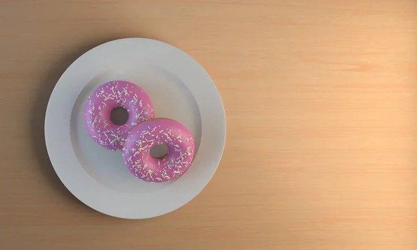 Renderização Dois Donuts Cobertos Chocolate Rosa Uma Placa Uma Parede — Fotografia de Stock