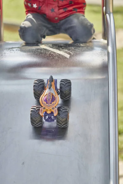 Child Playing Hot Wheels Monster Truck Playground — Stock Photo, Image