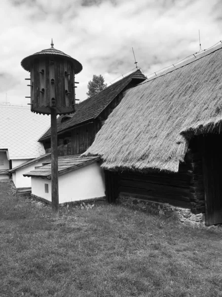 Серый Вертикальный Снимок Деревянного Голубя Рядом Домом — стоковое фото