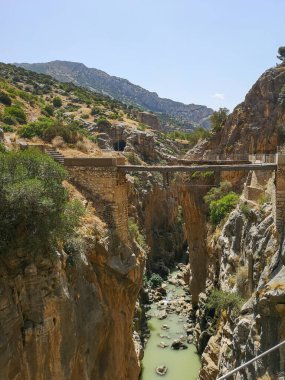 Bir köprüye bağlı kayalıkların ortasındaki bir nehrin dikey görüntüsü.