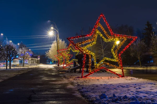 Asphalt Footpath Colorful Bright Star Shaped Decors Russia Night — Stock Photo, Image