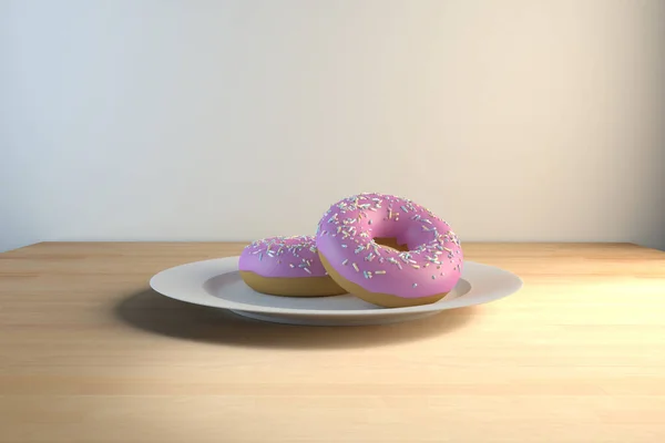 Darstellung Von Zwei Mit Rosa Schokolade Überzogenen Donuts Auf Einem — Stockfoto