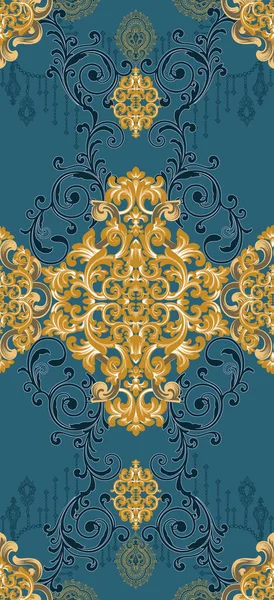 Illustration Ornate Seamless Pattern Square Stitch Blue Golden Colors — Stock Photo, Image