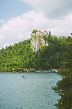 Dağların arkasındaki ağaçlarla çevrili bir uçuruma yerleştirilmiş bazı evlerin dikey görüntüsü..