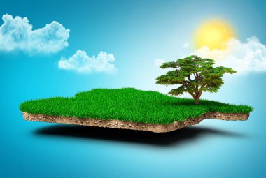 Suriye haritasının mavi bulutlarda izole edilmiş yeşil çimenli 3D görüntüsü ve güneş ışınları arka planı