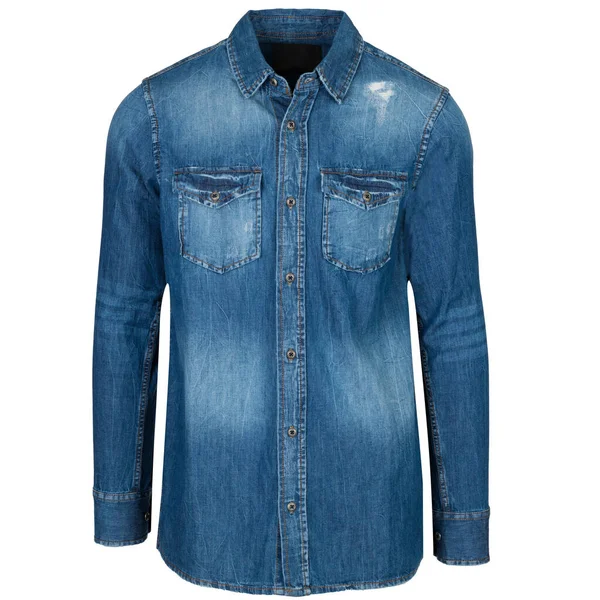 Blauw Jean Shirt Geïsoleerd Witte Achtergrond Jean Shirt Onzichtbare Mannequin — Stockfoto