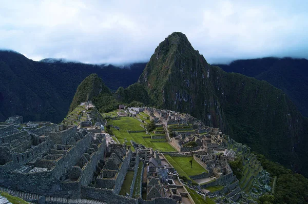 Letecký Pohled Městskou Oblast Machu Picchu Slunečného Dne Cuscu Peru — Stock fotografie