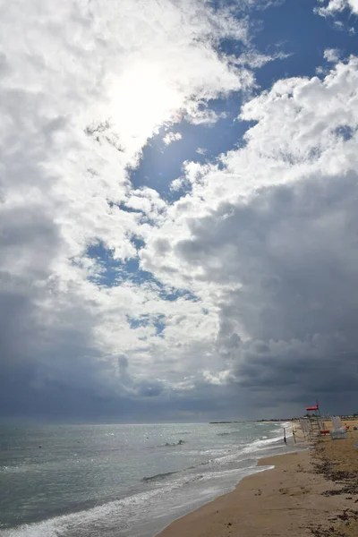 Stormy Clouds Sandy Beach Salento Italy — Stok fotoğraf