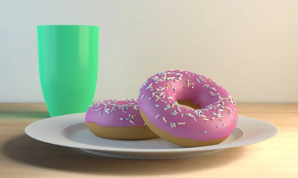 two pink chocolate covered donuts on a plate and cup on a wooden table. 3d rendering