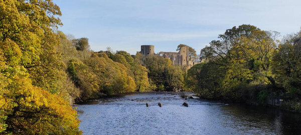 Живописный вид на реку, протекающую между берегами, покрытыми зелеными деревьями, на фоне замка Барнард на севере Англии