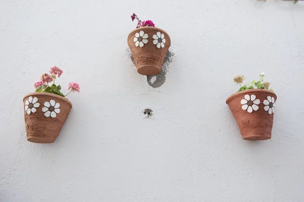 Blumentöpfe Mit Blumen Der Fassade Eines Hauses Mojacar Spanien — Stockfoto