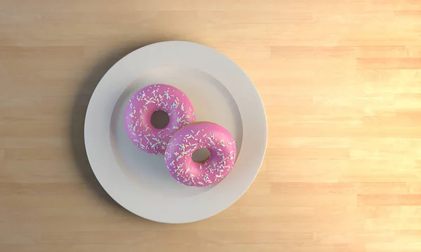 Rendering Two Pink Chocolate Covered Donuts Plate Illustration — Stock Photo, Image