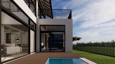 Açık havada, gündüz vakti havuzu olan özel bir evde 3 boyutlu gerçekçi bir resim.