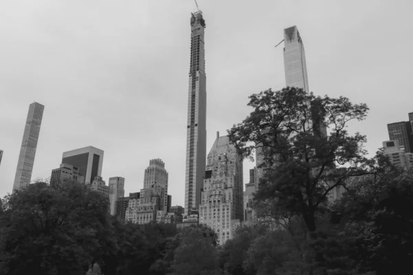 Central Park Kulesi Diğer Binalarla New York Mimarisinin Gri Tonlu — Stok fotoğraf