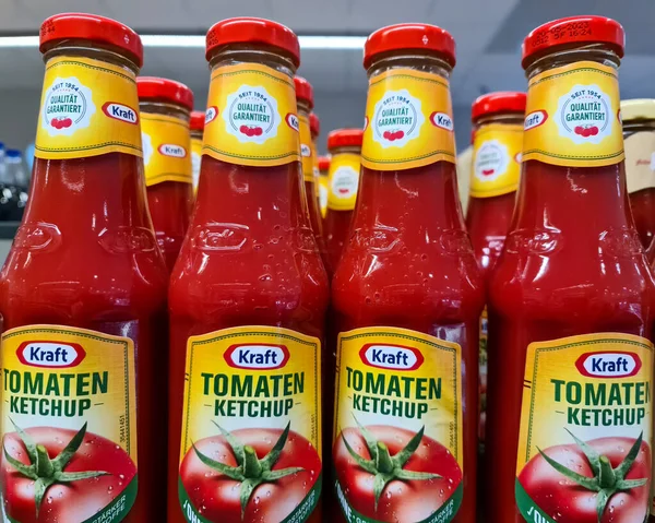 Closeup Bottles Tomato Ketchup German Supermarket — Stock Photo, Image