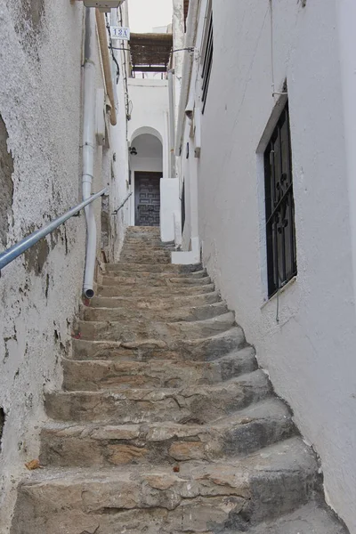 Pohled Jednu Ulic Kamenným Schodištěm Mojacar Španělsko — Stock fotografie